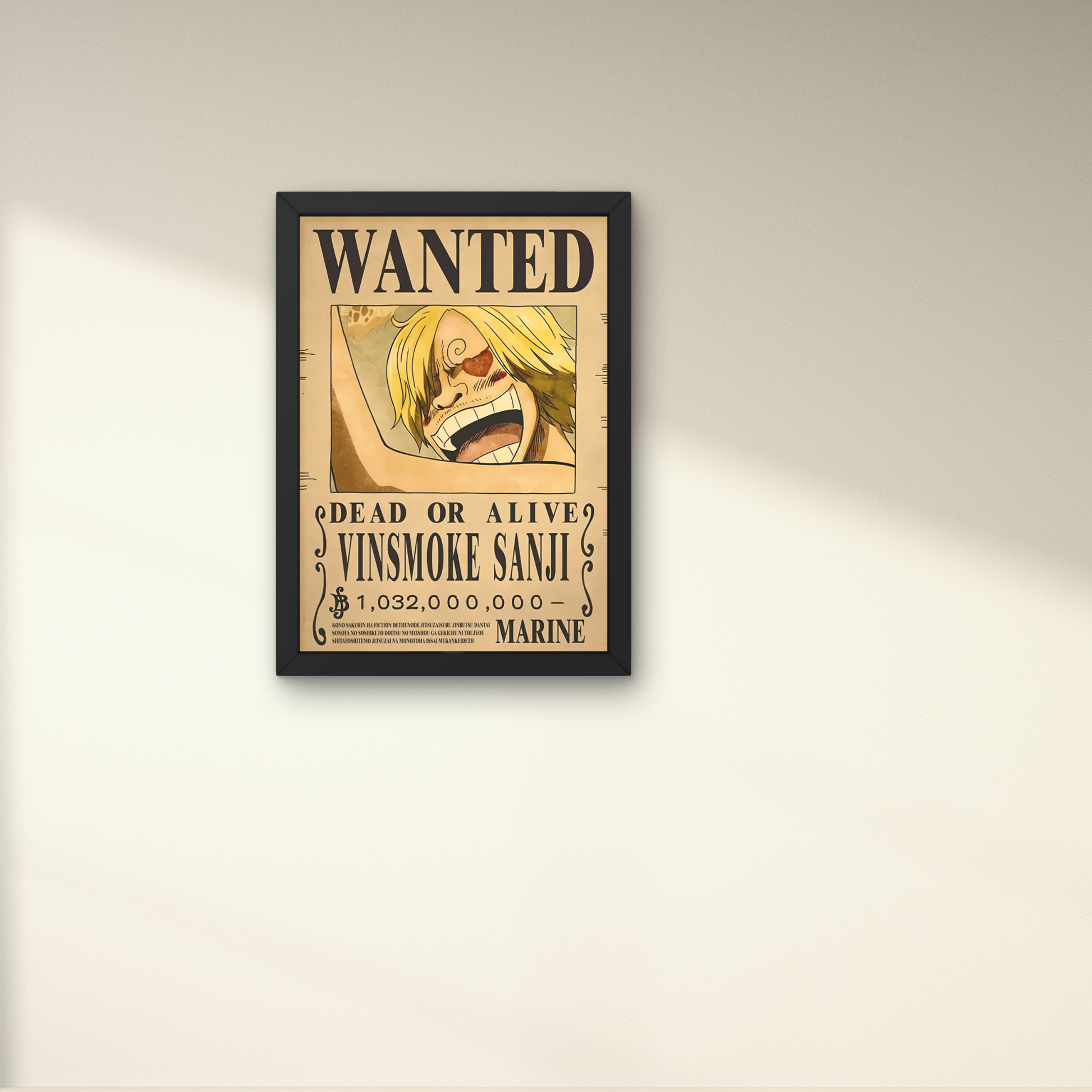 Framed wall art featuring Vinsmoke Sanji's wanted poster from One Piece, ideal for anime wall decor and unique wall poster design for modern interiors.