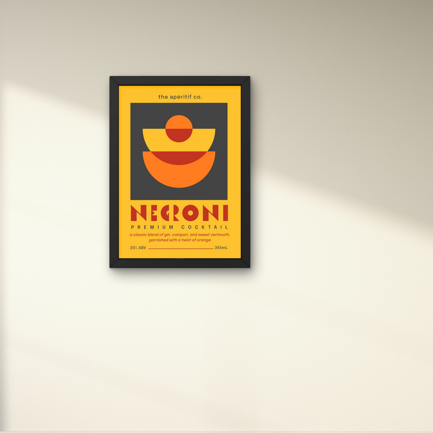 Bold retro-style wall art poster in orange and yellow, showcasing a Negroni cocktail design for a unique wall accent.



