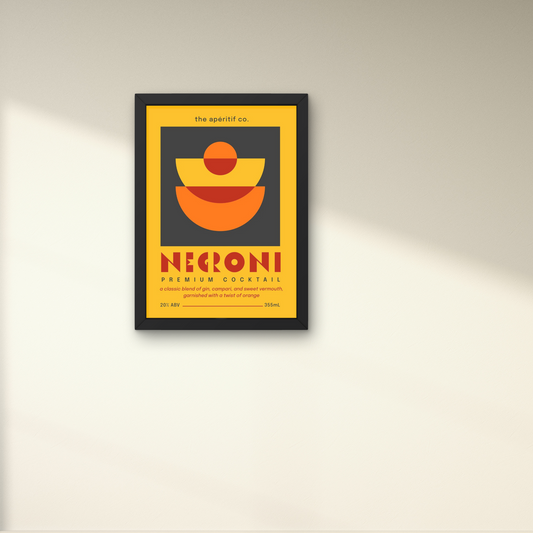 Bold retro-style wall art poster in orange and yellow, showcasing a Negroni cocktail design for a unique wall accent.



