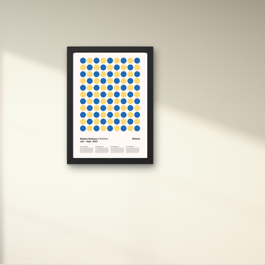 Framed modern wall art with a geometric pattern of yellow and blue dots, perfect for contemporary home wall decor.



