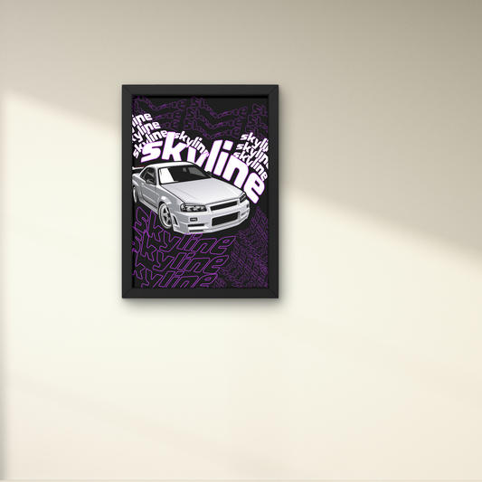 Graphic wall art featuring a silver Skyline sports car with repeated text, designed for modern wall decor or wall posters in automotive-themed spaces.