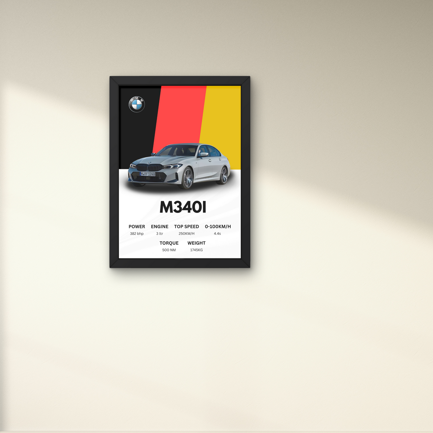 BMW M340i wall art poster showcasing car specifications, perfect for modern wall decor in automotive-themed spaces.