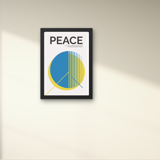 Minimalist wall art featuring a peace symbol in blue and yellow, framed for contemporary wall design.



