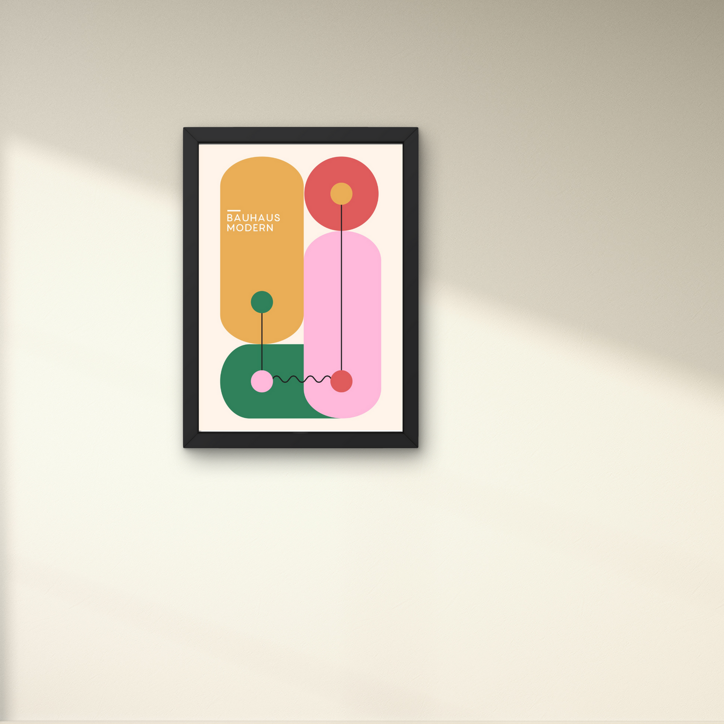 Bauhaus-inspired abstract poster with modern geometric shapes in pink, yellow, and green, ideal for a contemporary wall accent.



