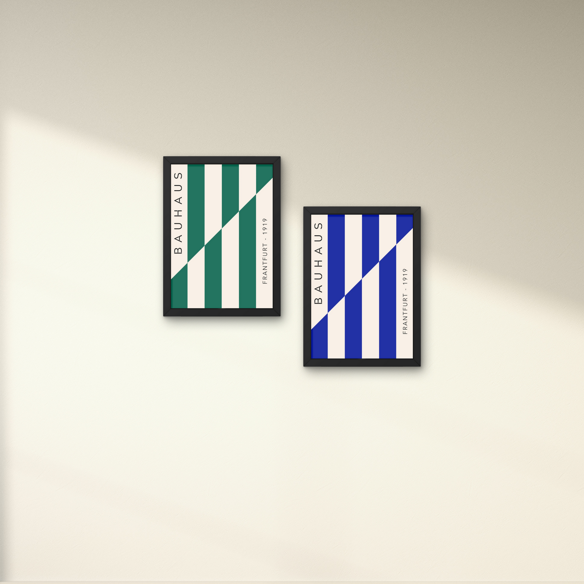 Set of two Bauhaus-inspired striped posters in green and blue, ideal for a modern wall design aesthetic



