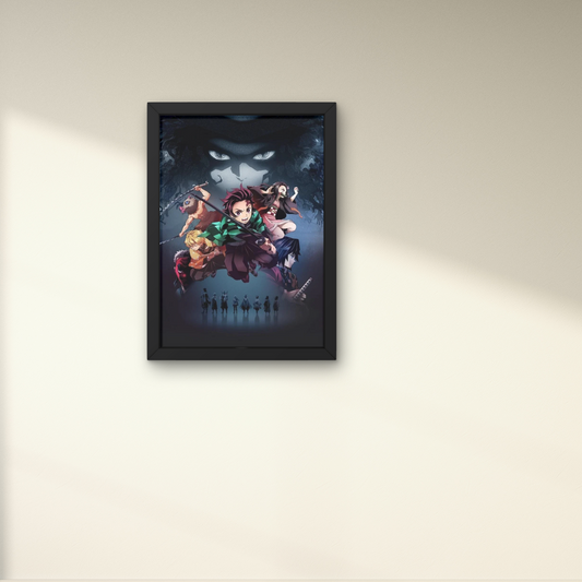 Framed anime wall art featuring characters from Demon Slayer, perfect for modern wall decor and bedroom design, with vibrant colors and unique wall poster design.