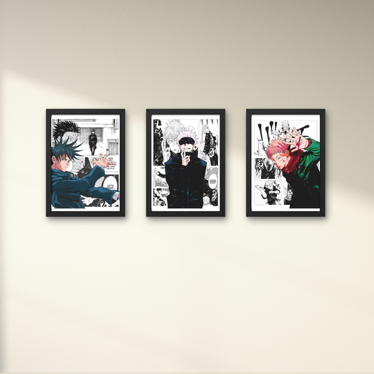 Framed anime wall art set featuring characters from Jujutsu Kaisen, ideal for modern anime wall decor and stylish wall designs for bedrooms and living spaces.