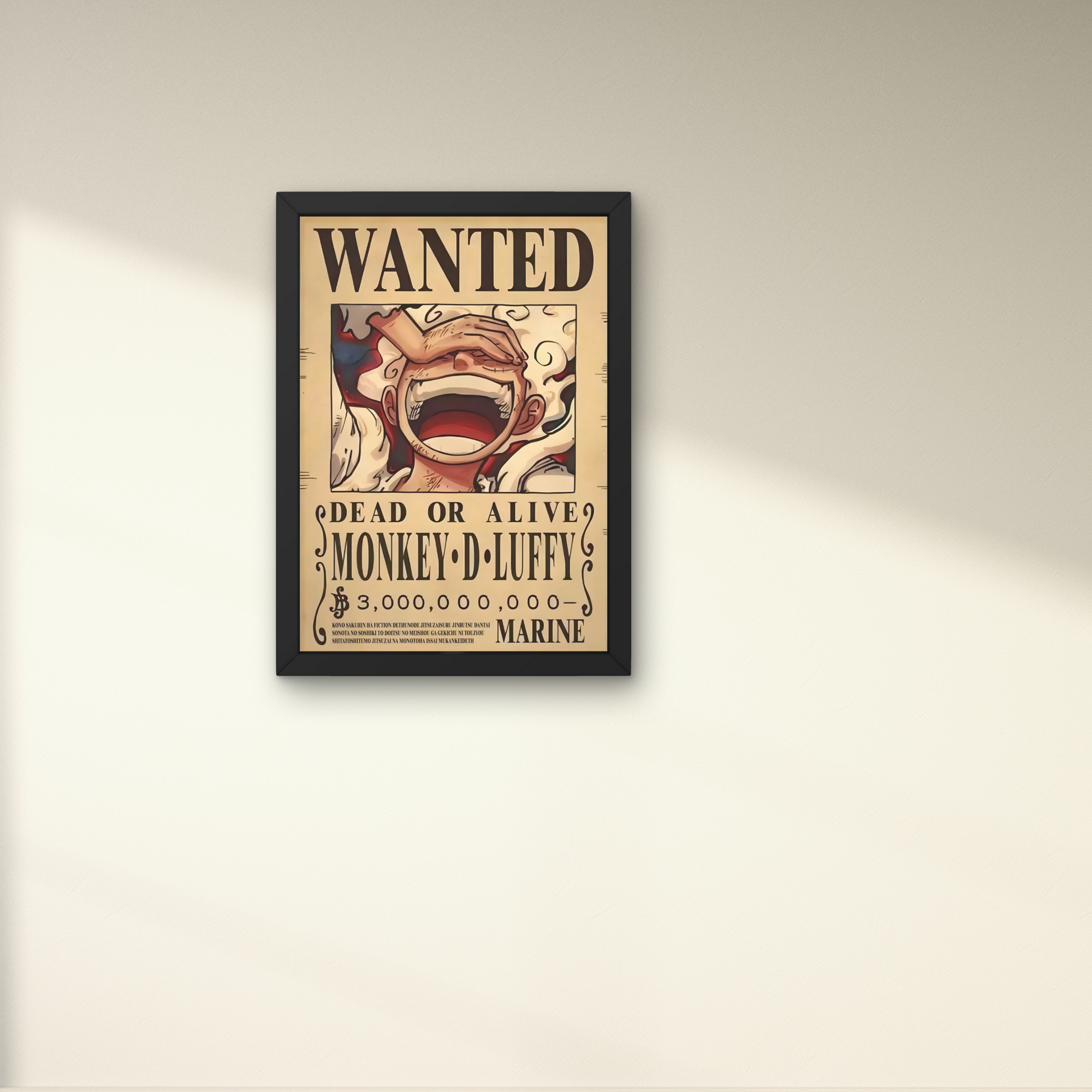 Framed wall art featuring Monkey D. Luffy's wanted poster from One Piece, perfect for anime wall decor and modern wall poster design in living rooms or bedrooms.