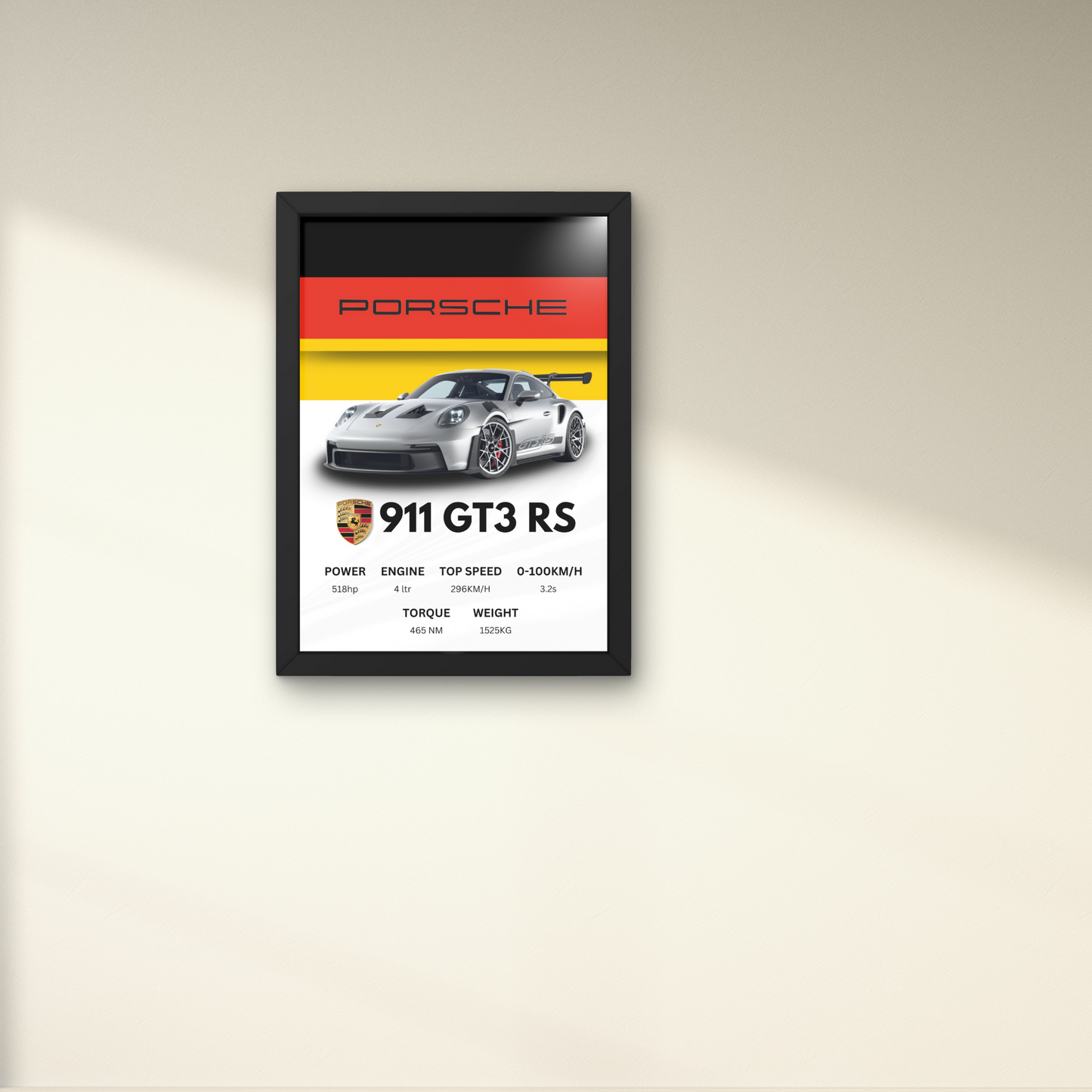 Porsche 911 GT3 RS wall art poster with performance specifications, ideal for modern wall decor in car enthusiast spaces.