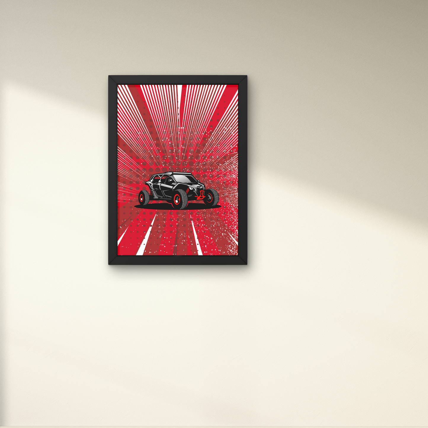 Dynamic wall art design featuring a black off-road vehicle on a red abstract background, perfect for modern wall decor or as a bold wall poster for automotive enthusiasts.