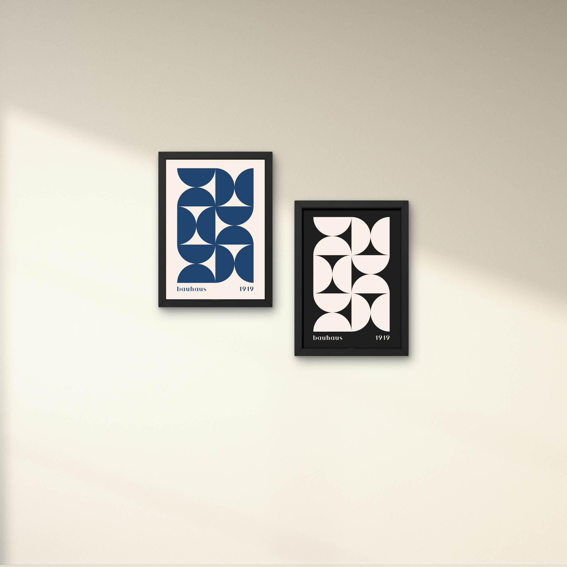 Pair of Bauhaus black and blue geometric wall art prints with framed abstract designs, perfect for modern wall decor



