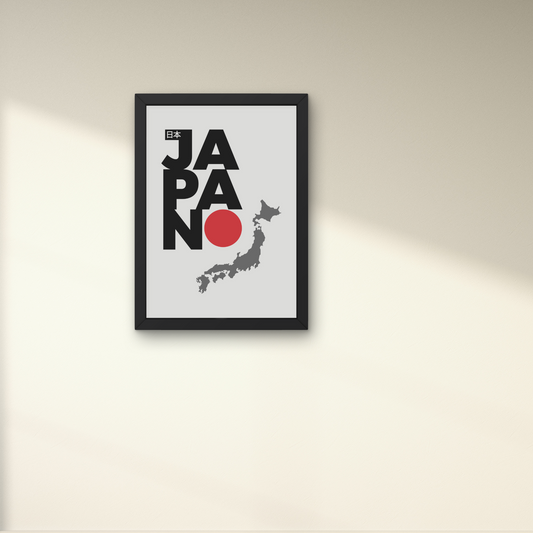 Framed minimalist wall art featuring 'Japan' text with the country's map and red circle symbol, perfect for modern wall decor or travel-themed designs, from The Modern Curated Creations.