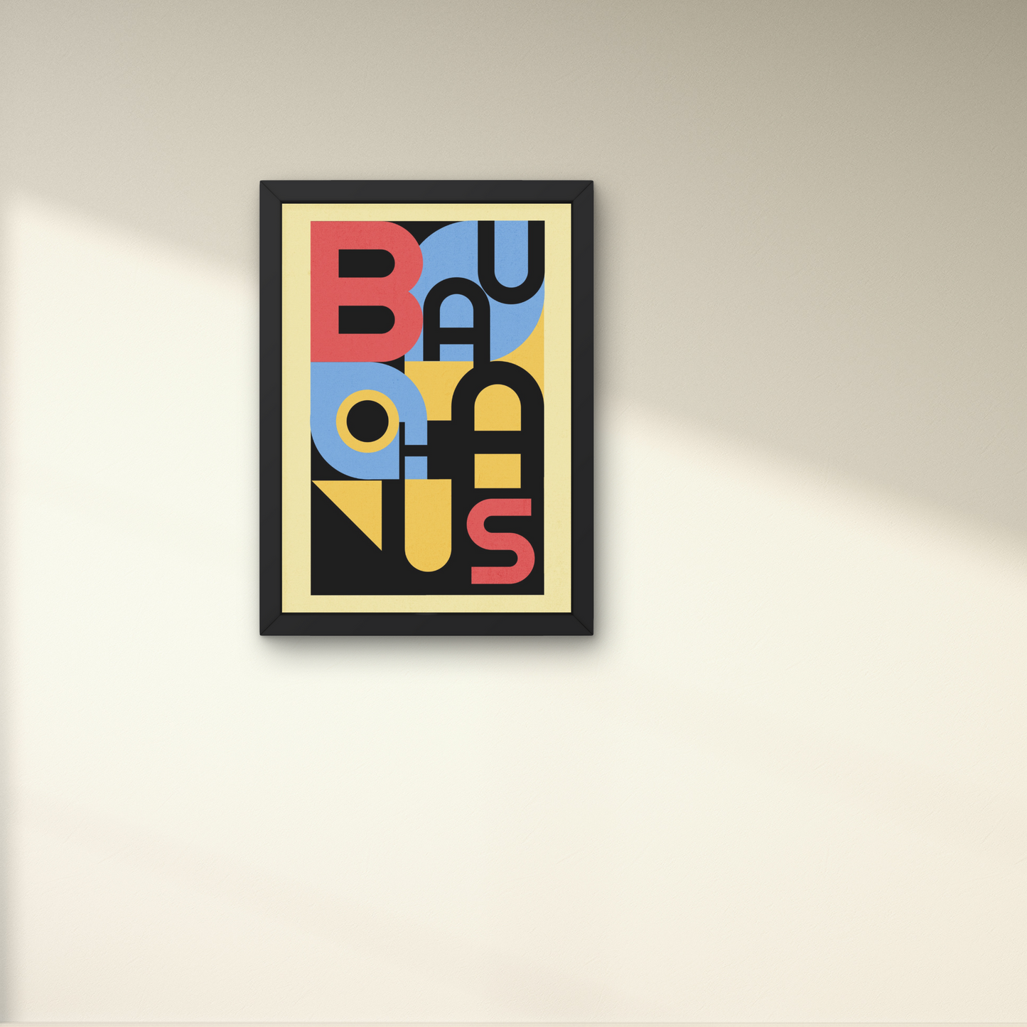 "Colorful Bauhaus poster with bold typography in red, blue, and yellow, framed for a vibrant wall art addition.




