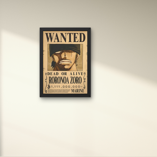 Framed wall art featuring Roronoa Zoro's wanted poster from One Piece, perfect for anime wall decor and modern wall poster design for bedrooms or living spaces.