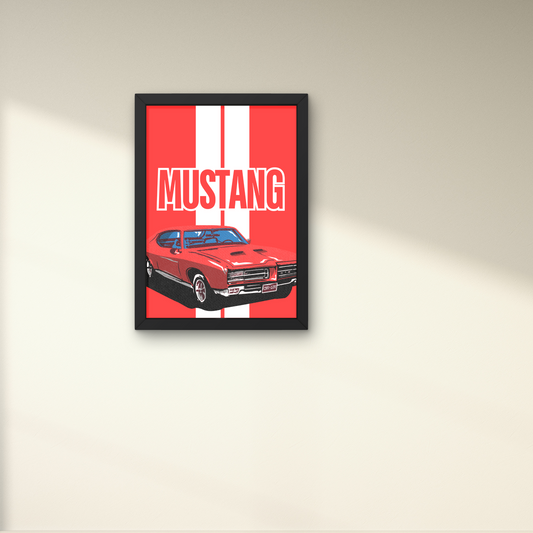 Mustang wall art poster featuring a red classic car, designed for modern wall decor or automotive-themed spaces.