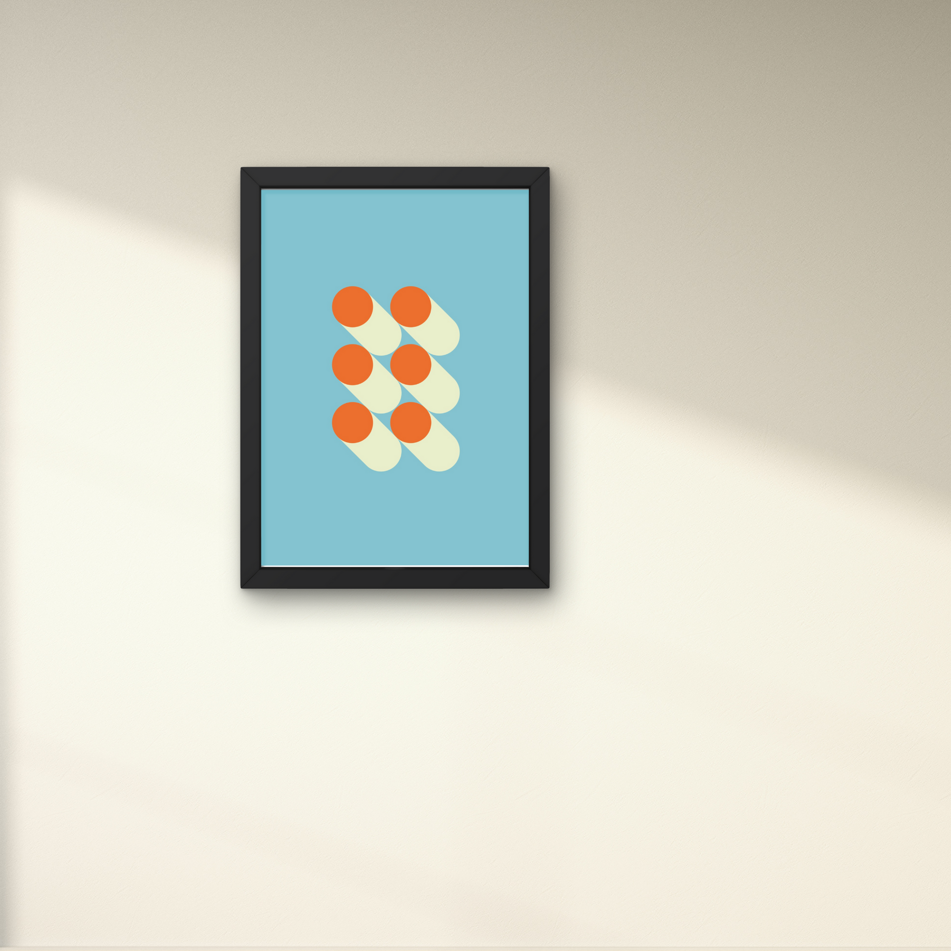 Minimalist abstract poster with six cylinder shapes in orange and cream on a blue background, framed for modern wall decoration.



