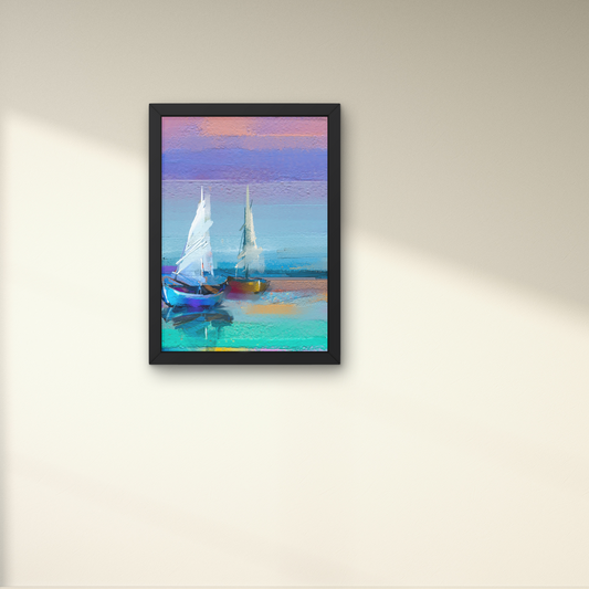 Framed abstract wall art of sailboats on calm water with colorful sky, ideal for modern home decor, from The Modern Curated Creations.