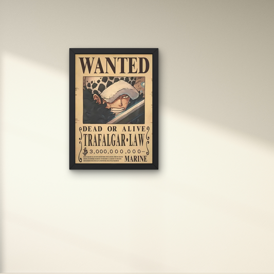 Framed wall art featuring Trafalgar Law's wanted poster from One Piece, perfect for anime wall decor and modern wall poster design for bedrooms or living spaces.