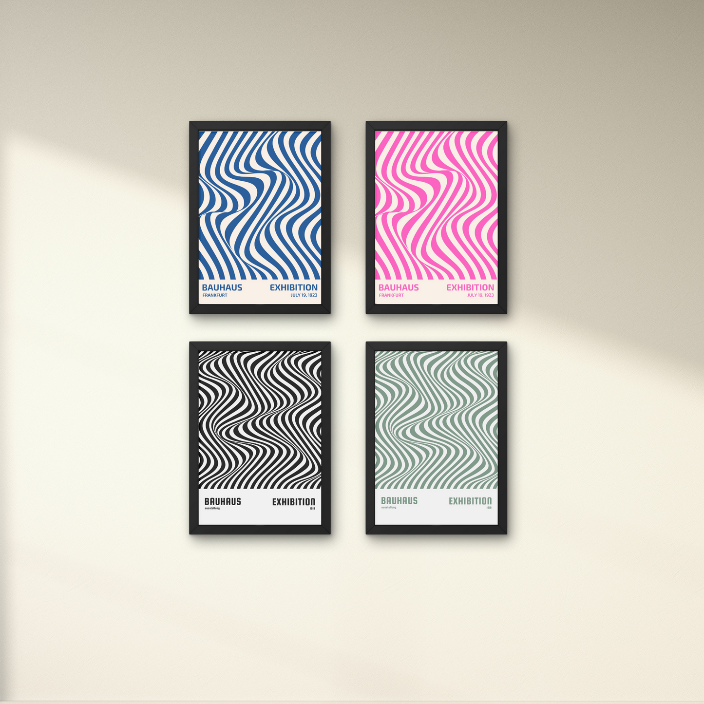 "Set of four Bauhaus exhibition posters with wavy abstract patterns, available in black, blue, pink, and green



