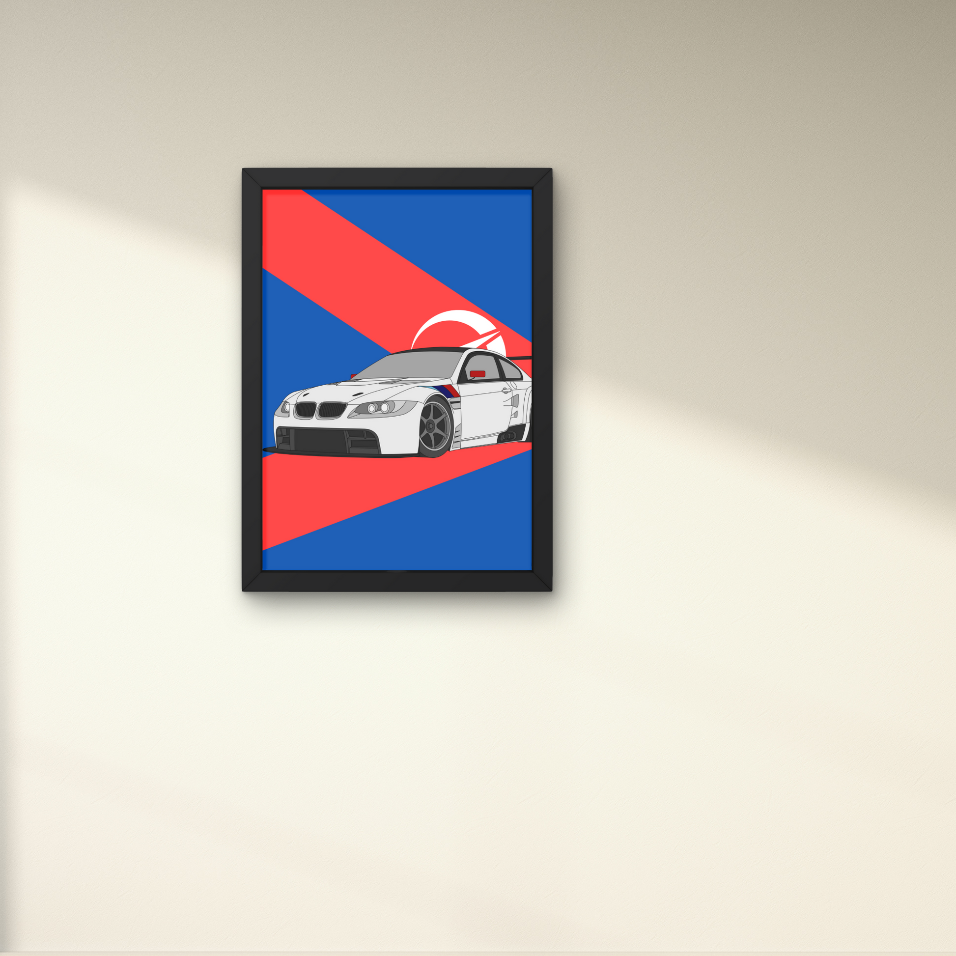 Illustrated white sports car with red and blue background, designed as modern wall art and wall decor for automotive enthusiasts.