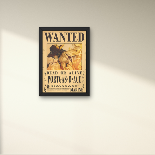 Framed wall art featuring Portgas D. Ace's wanted poster from One Piece, perfect for anime wall decor and modern wall poster design for living spaces