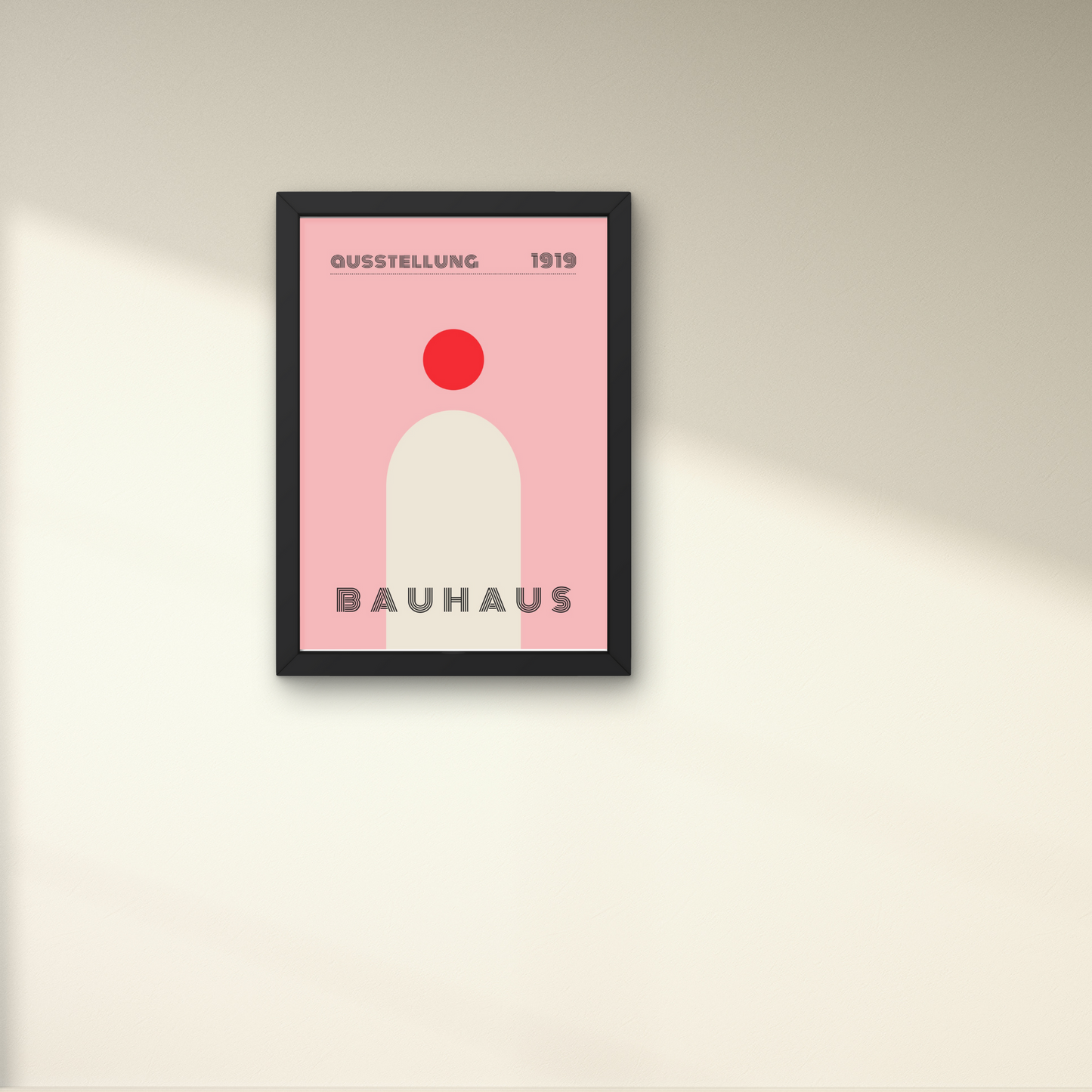 Framed Bauhaus-style wall art with a minimalist red dot and abstract shape, ideal for modern home decor




