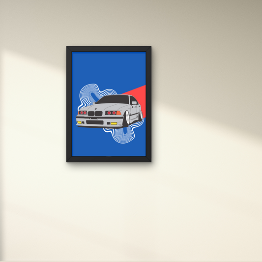 Stylized illustration of a silver car with abstract background lines, designed as modern wall art for wall decor enthusiasts or automotive-themed rooms.