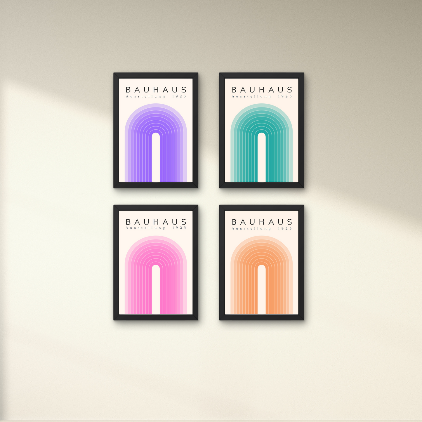 Set of four Bauhaus rainbow arch posters in purple, pink, green, and orange, designed for modern wall decor.




