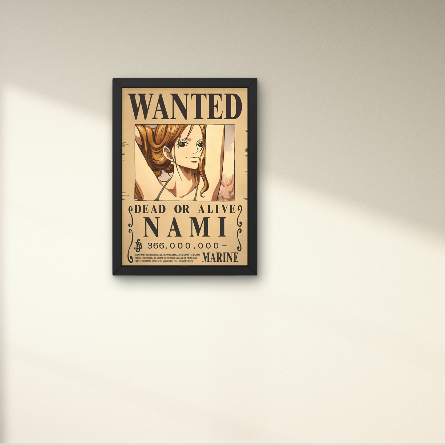 Framed wall art featuring Nami's wanted poster from One Piece, perfect for anime wall decor and unique wall poster design for modern home interiors