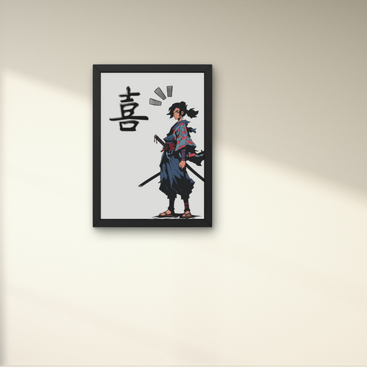 Framed anime-style wall art of a katana warrior with Japanese character, perfect for modern decor, from The Modern Curated Creations.