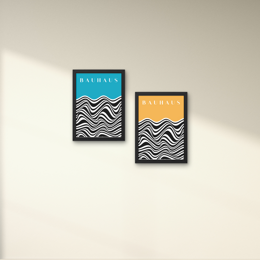 Two Bauhaus art prints featuring abstract wave patterns in blue and yellow, framed for contemporary wall design.



