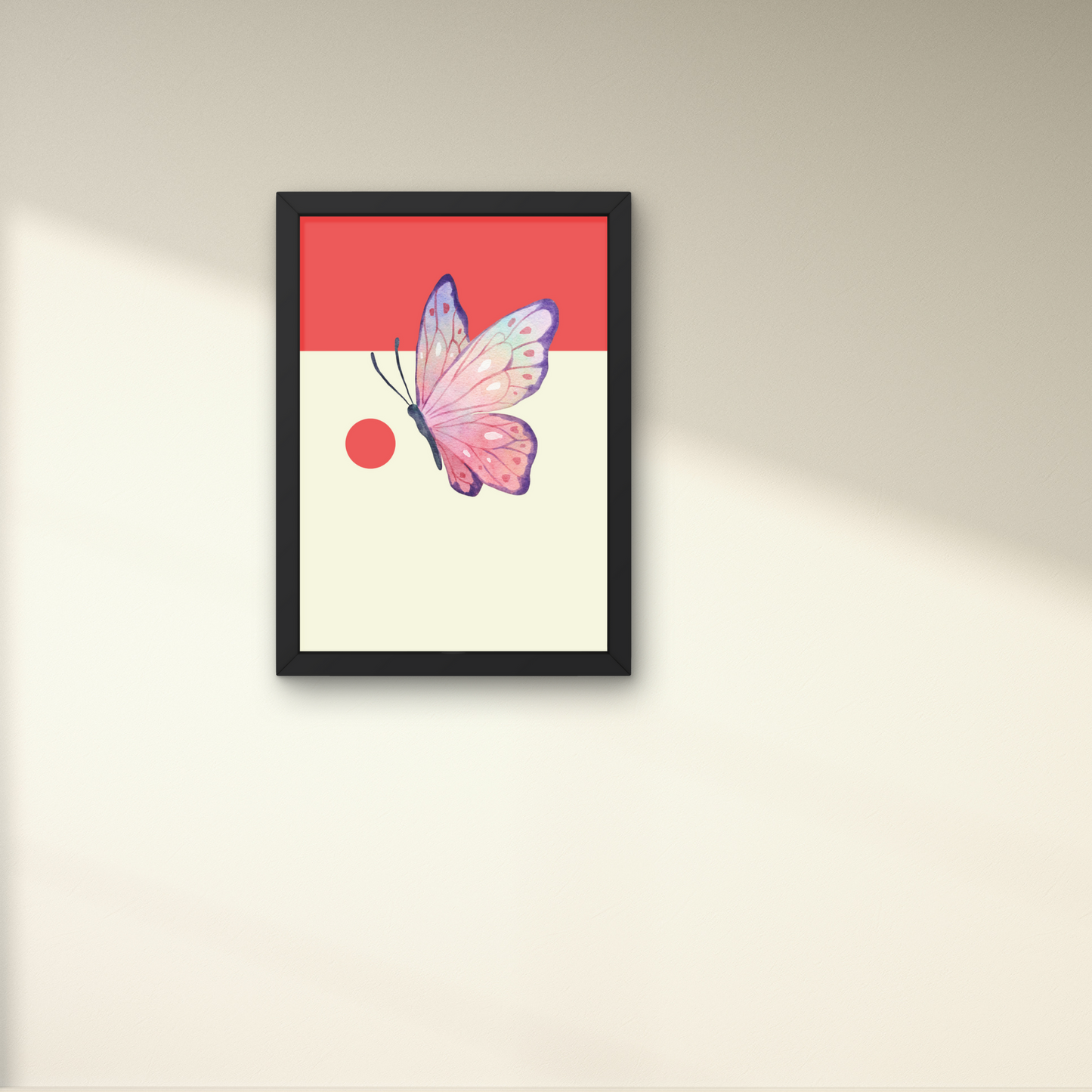 Framed wall art featuring a colorful butterfly on a minimal background, perfect for modern home decor, from The Modern Curated Creations.