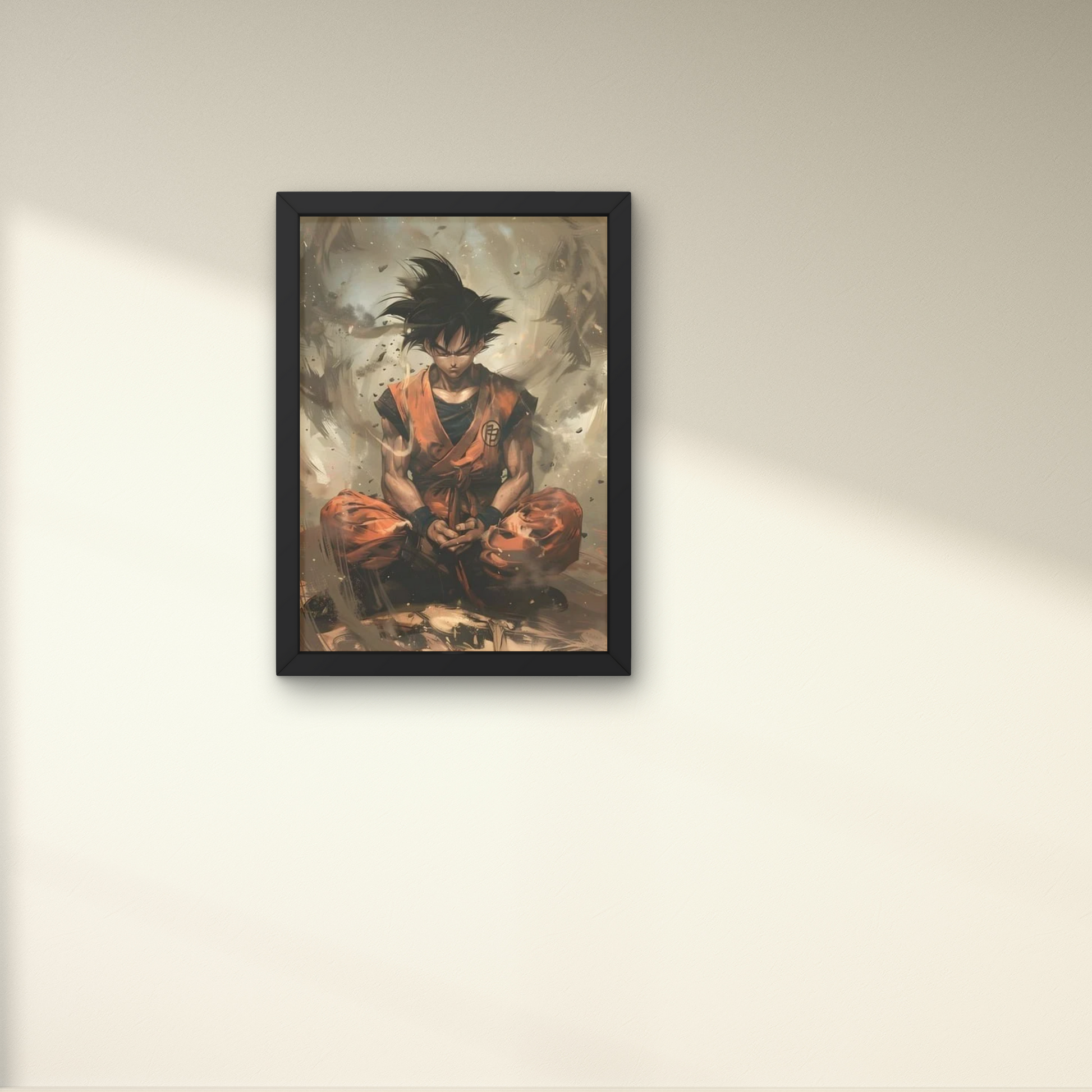 Framed anime wall art of Goku from Dragon Ball, featuring a dynamic and intense design, ideal for modern wall decor, anime wall posters, and personalized room decorations