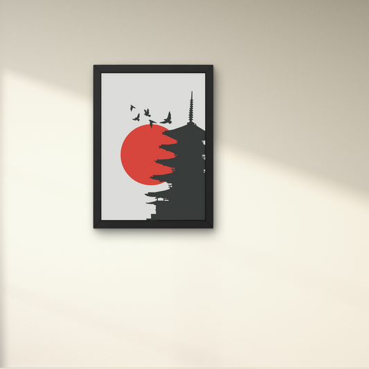 Framed wall art of a Japanese pagoda silhouette with a red sun in the background, perfect for modern decor, from The Modern Curated Creations.