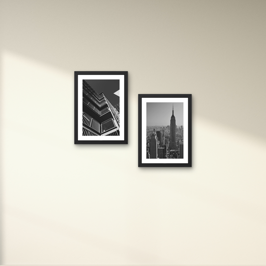 Abstract wall art of urban reflections in a minimalist black and white design.




