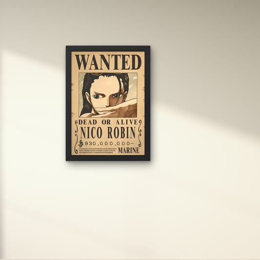 Framed wall art featuring Nico Robin's wanted poster from One Piece, perfect for anime wall decor and modern poster designs for home or office spaces.