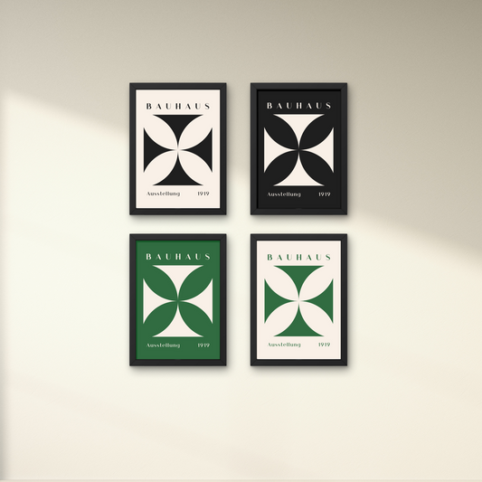 Set of four minimalist Bauhaus posters featuring bold geometric shapes in black, white, and green, perfect for eco-inspired wall art design.



