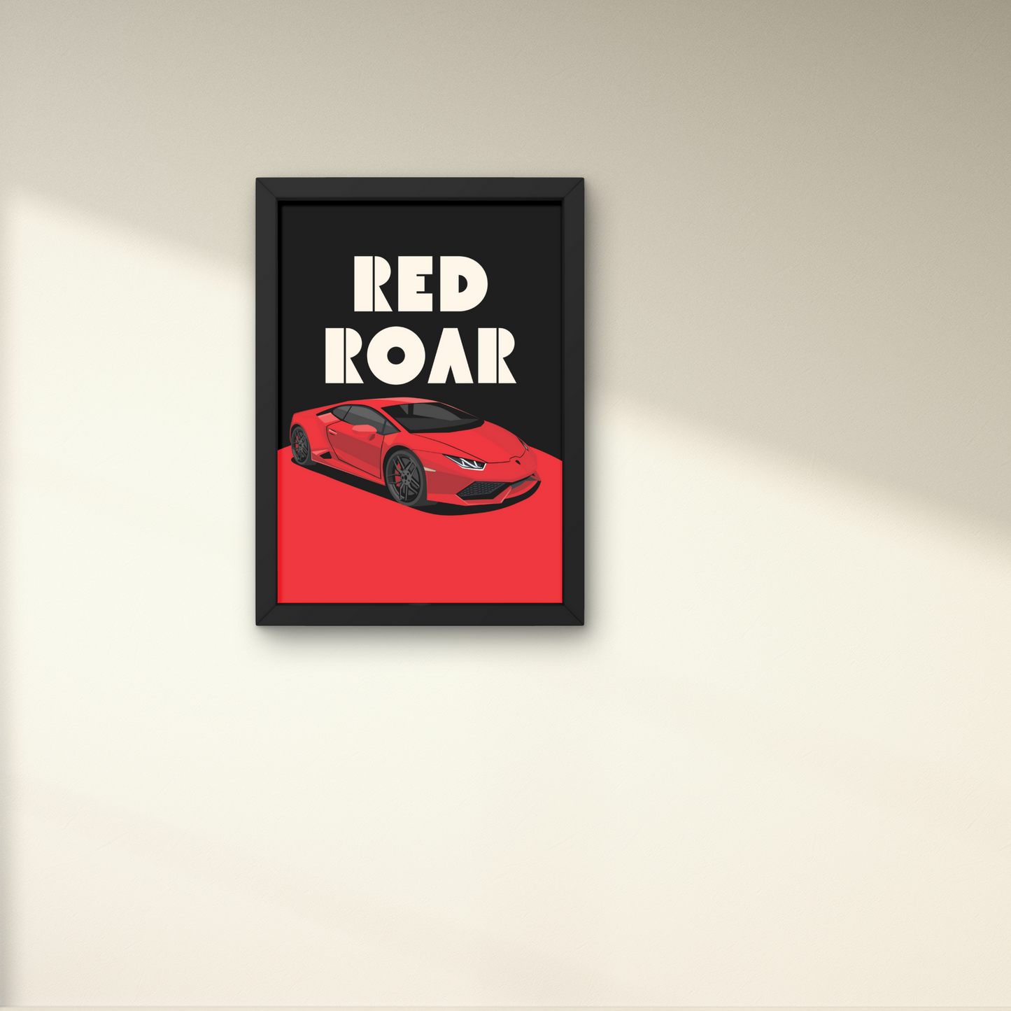 Red sports car artwork titled 'Red Roar,' designed as modern wall art for automotive enthusiasts, perfect for wall decor or wall posters in contemporary spaces.