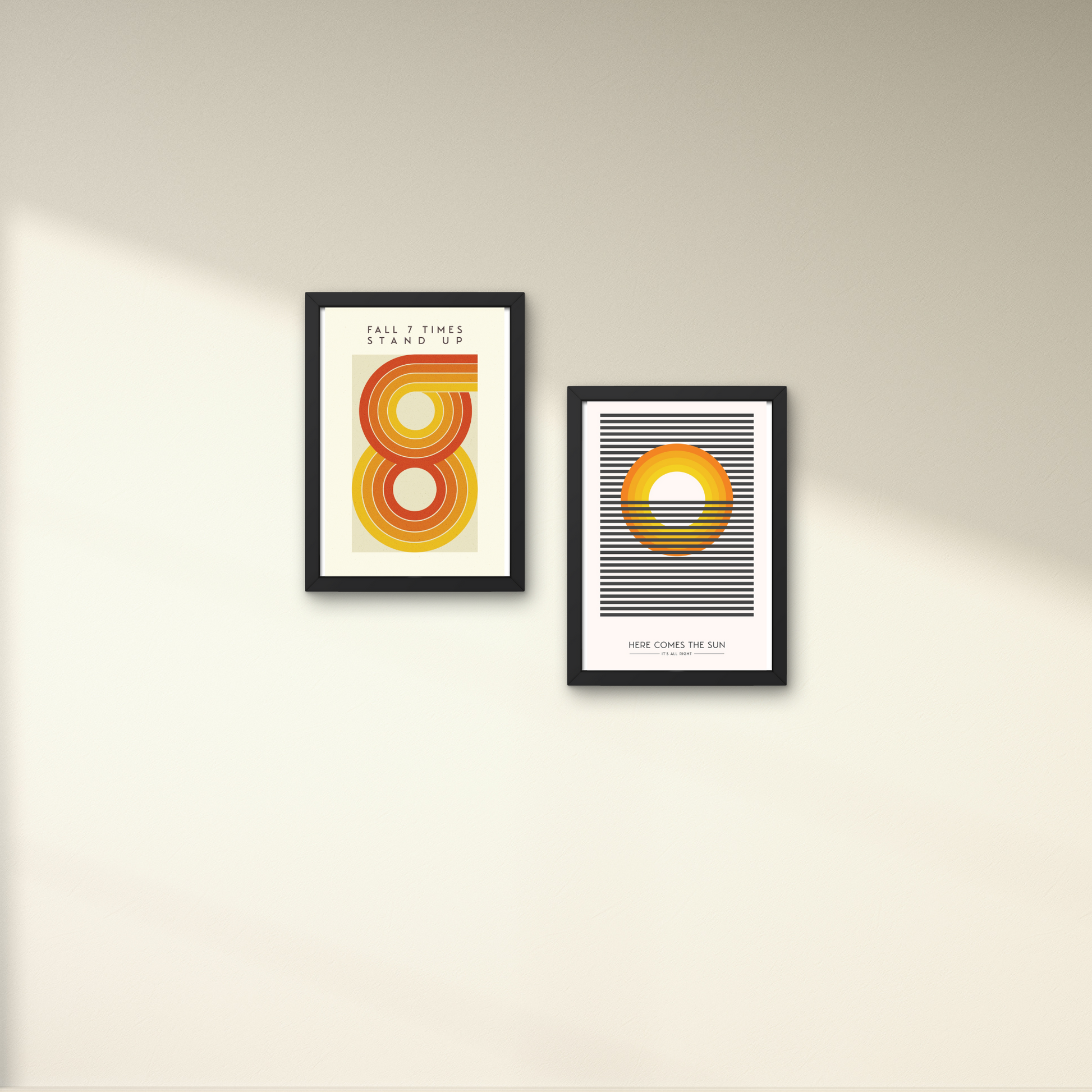 Two modern wall posters with abstract orange and yellow designs, suitable for stylish wall decoration.




