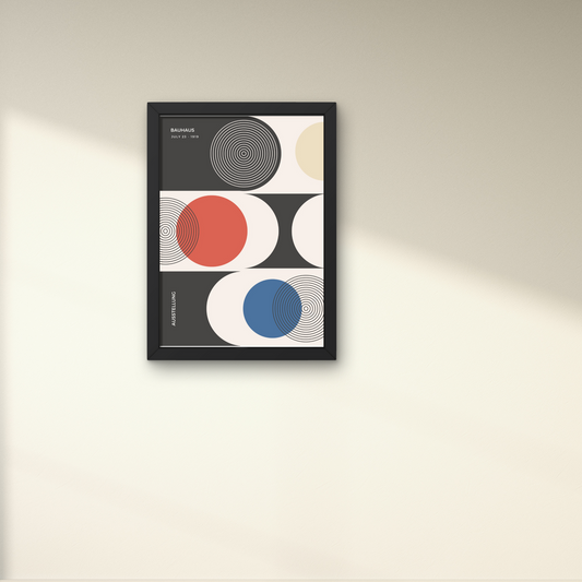 Bauhaus-inspired poster featuring abstract concentric circles in black, red, blue, and beige, framed for stylish wall decor




