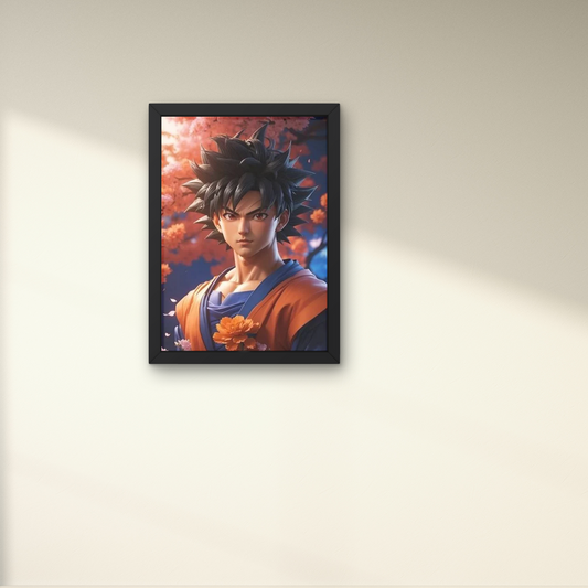 Framed anime wall art featuring Goku from Dragon Ball with a vibrant background, perfect for modern anime-themed wall decor and personalized room decoration.