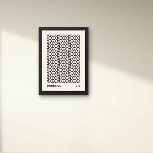 "Framed Bauhaus wall art featuring a detailed black geometric pattern on a beige background, ideal for modern wall decor.




