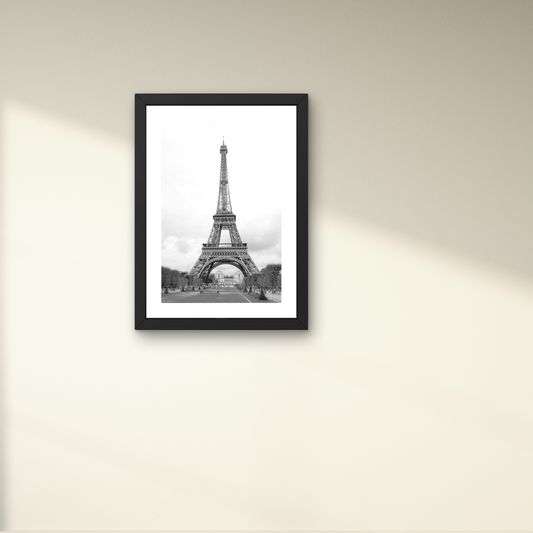 Classic black and white framed wall art of the Eiffel Tower, capturing its timeless elegance.



