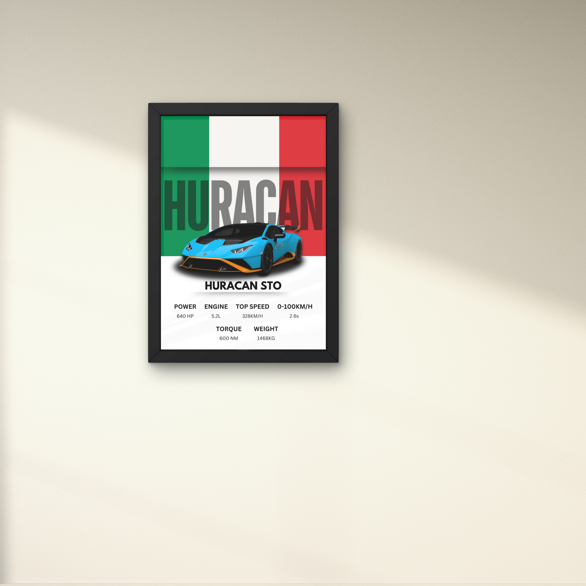 Huracan STO wall art poster with performance specs, ideal for modern wall decor or automotive-themed spaces.