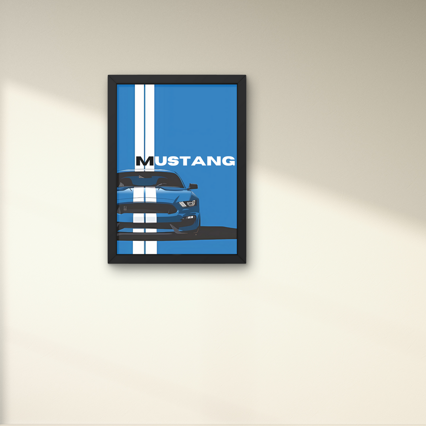 Mustang wall art featuring a blue sports car with bold white racing stripes, designed for modern wall decor in car enthusiasts' spaces.