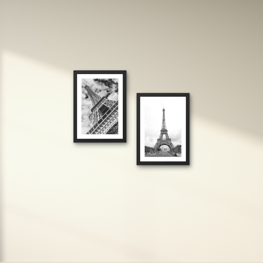 Framed wall art pair featuring iconic views of the Eiffel Tower in Paris.




