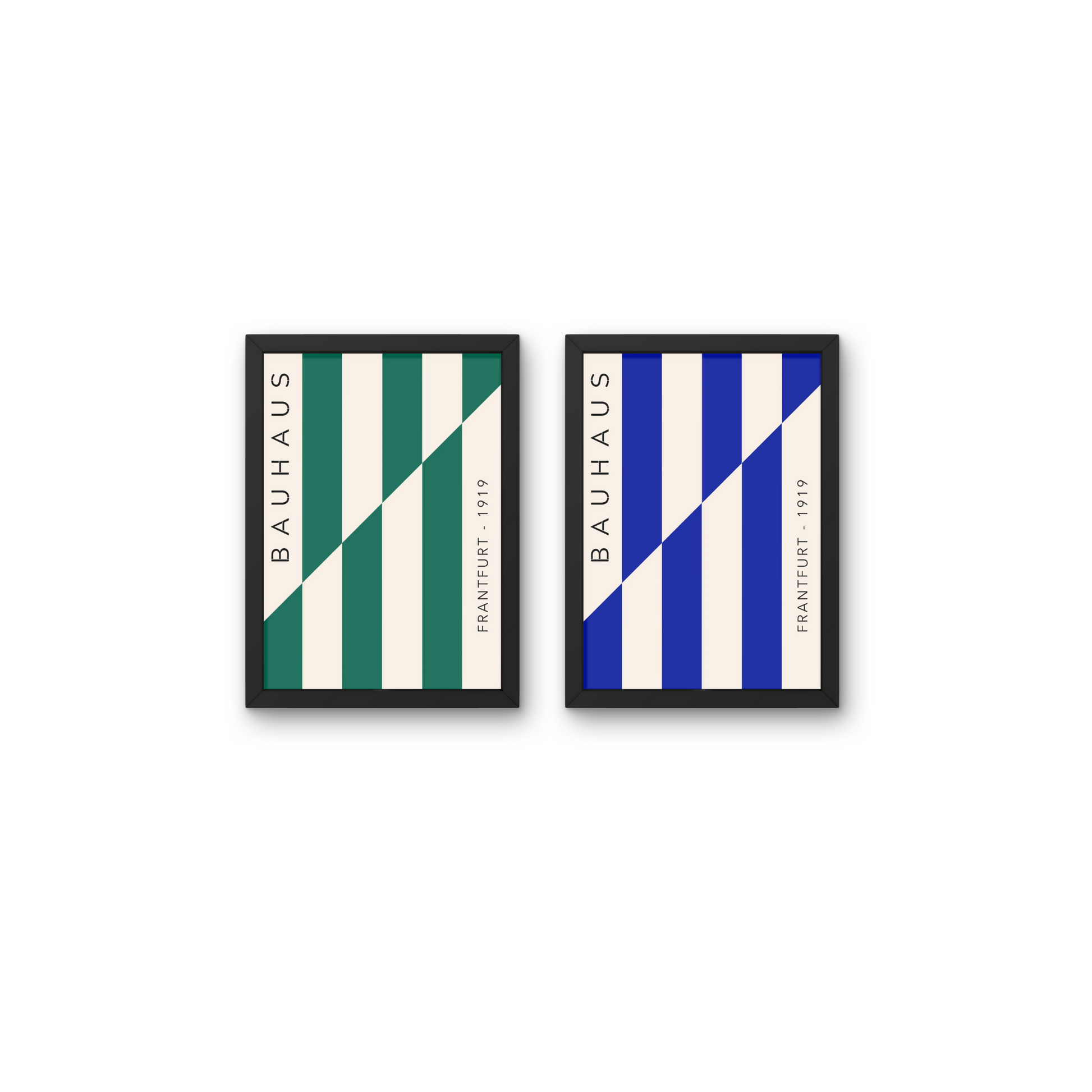 Set of two Bauhaus-inspired striped posters in green and blue, ideal for a modern wall design aesthetic



