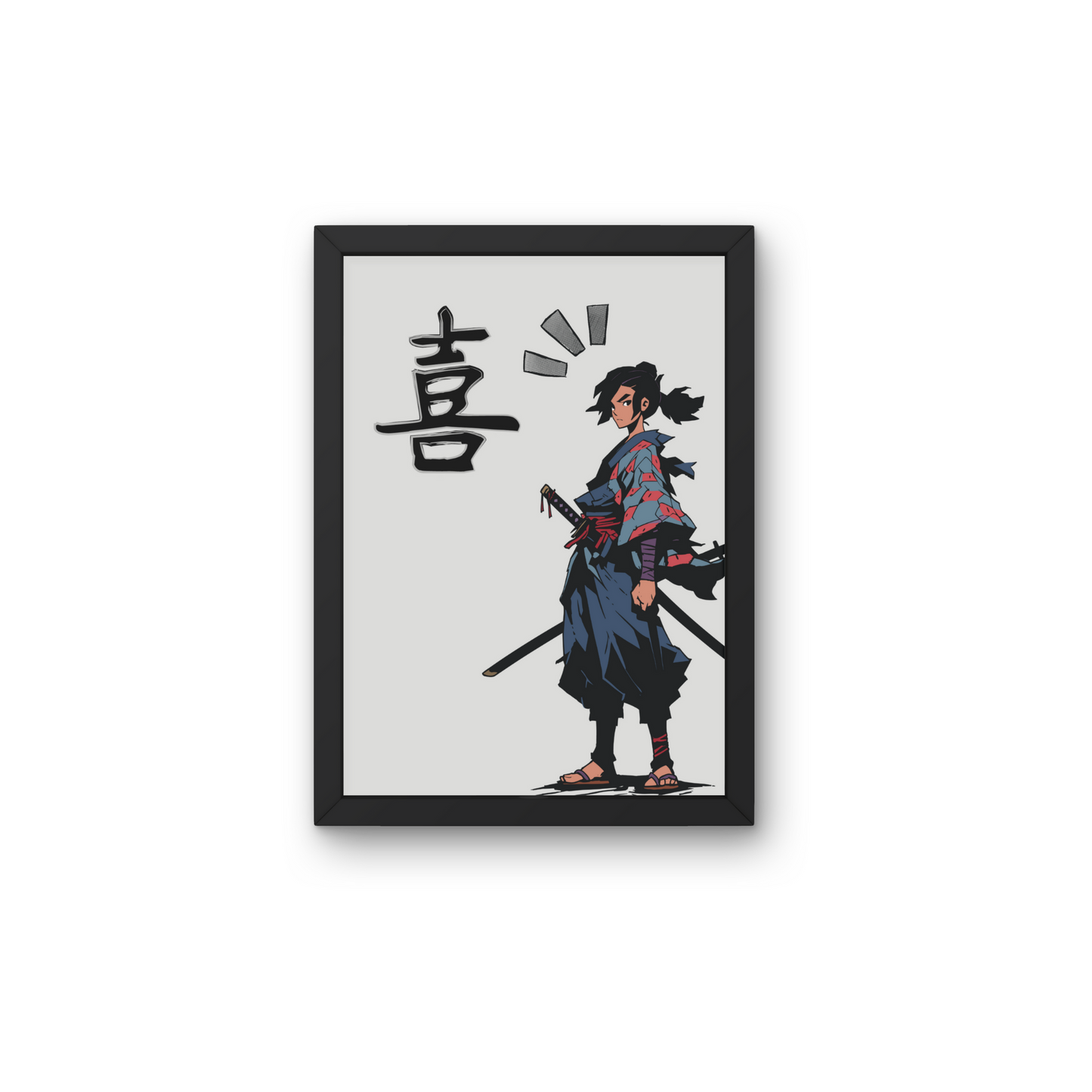 Framed anime-style wall art of a katana warrior with Japanese character, perfect for modern decor, from The Modern Curated Creations.