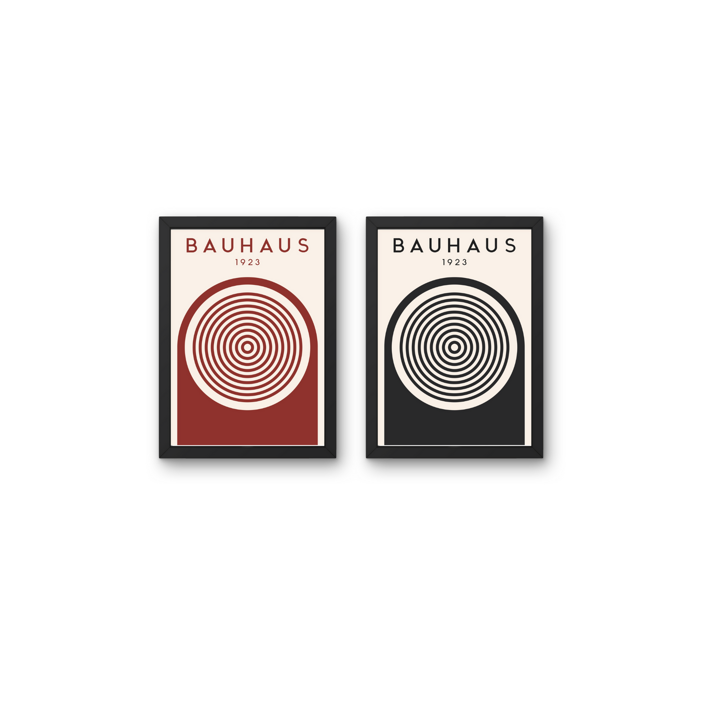 Pair of minimalist Bauhaus posters in black and red, featuring concentric circles for a striking wall art statement



