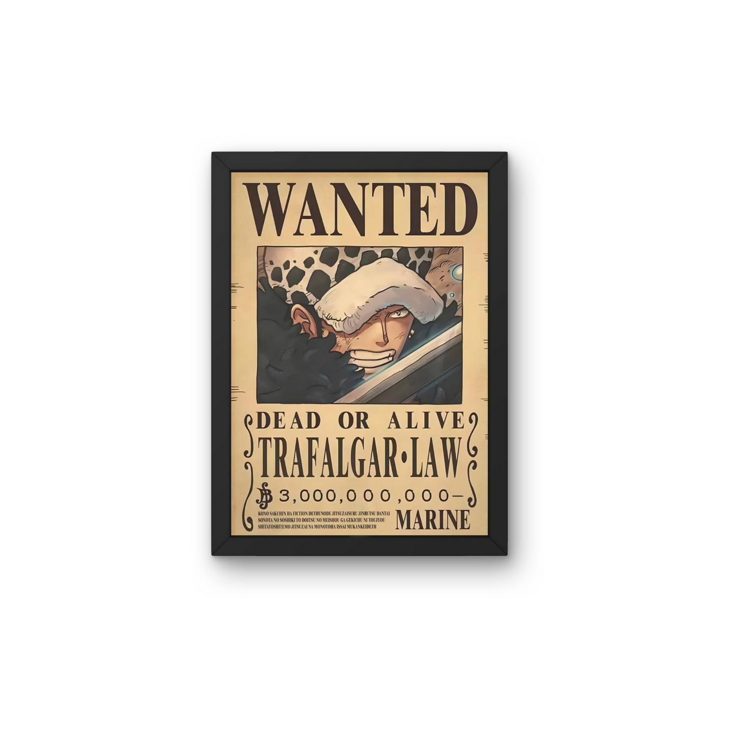 Framed wall art featuring Trafalgar Law's wanted poster from One Piece, perfect for anime wall decor and modern wall poster design for bedrooms or living spaces.